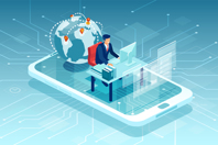 A Biopharma's Guide To Staying Virtual Through Commercial Vector of a businessman working online-iStock-1210352013