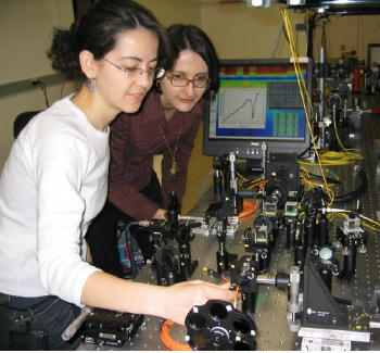 The experimental setup with Altug (front) and Vuckovic (back). Photo courtesy: J Vuckovic.