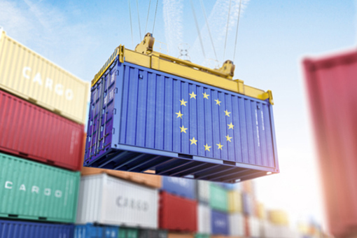 Cargo shipping container with EU European Union flag-GettyImages-1476198848