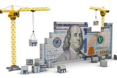 3d illustration of two cranes building 100 dollars-iStock-664557176 3d illustration of two cranes building 100 dollars-iStock-664557176