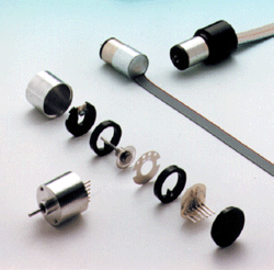 Exploded view of an optical encoder: a LED source transmits light through a codewheel and stator disk to give signals on two channels with 90° phase shift.