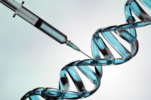 Medical syringe with blue glass DNA helix-GettyImages-1631239019