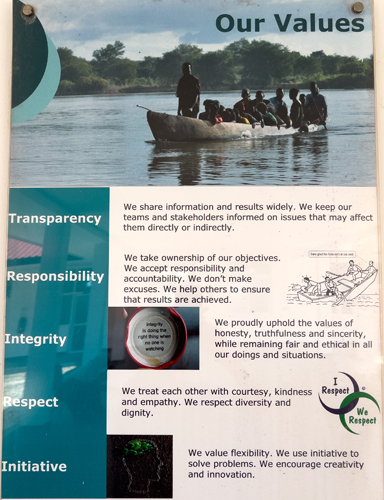 healthcare poster explaining values of transparency, responsibility, integrity, respect, and initiative