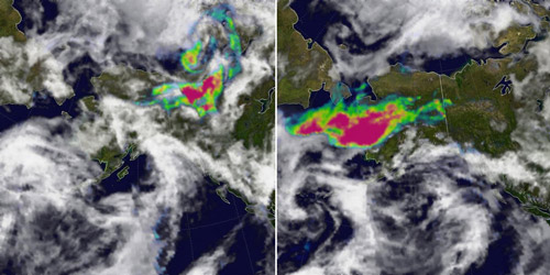 This pair of images from the Ozone Monitoring Instrument (OMI) on NASA's Aura satellite shows smoke measurements over Alaska and western Canada on August 15, 2005 (top) and August 21, 2005 (bottom). Increasing amounts of smoke are shown as an aerosol index with shades of blue (little or no smoke) to dull red (thick smoke). Credit: NASA/OMI Science Team