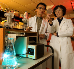 Pei Chiu (left), an associate professor in UD's Department of Civil and Environmental Engineering, and Yan Jin, a professor of environmental soil physics in UD's plant and soil sciences department, have developed an inexpensive, nonchlorine-based technology that can remove harmful microorganisms from drinking water, including viruses.
Photo by Kathy Atkinson