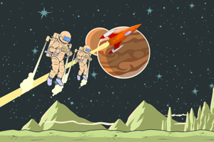 Vector Retro Astronaut Team Exploring a Planet on a Jetpack-GettyImages-2186580479