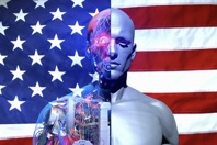 Artificial Intelligence American Superhero Robot, american flag-GettyImages-2149027472
